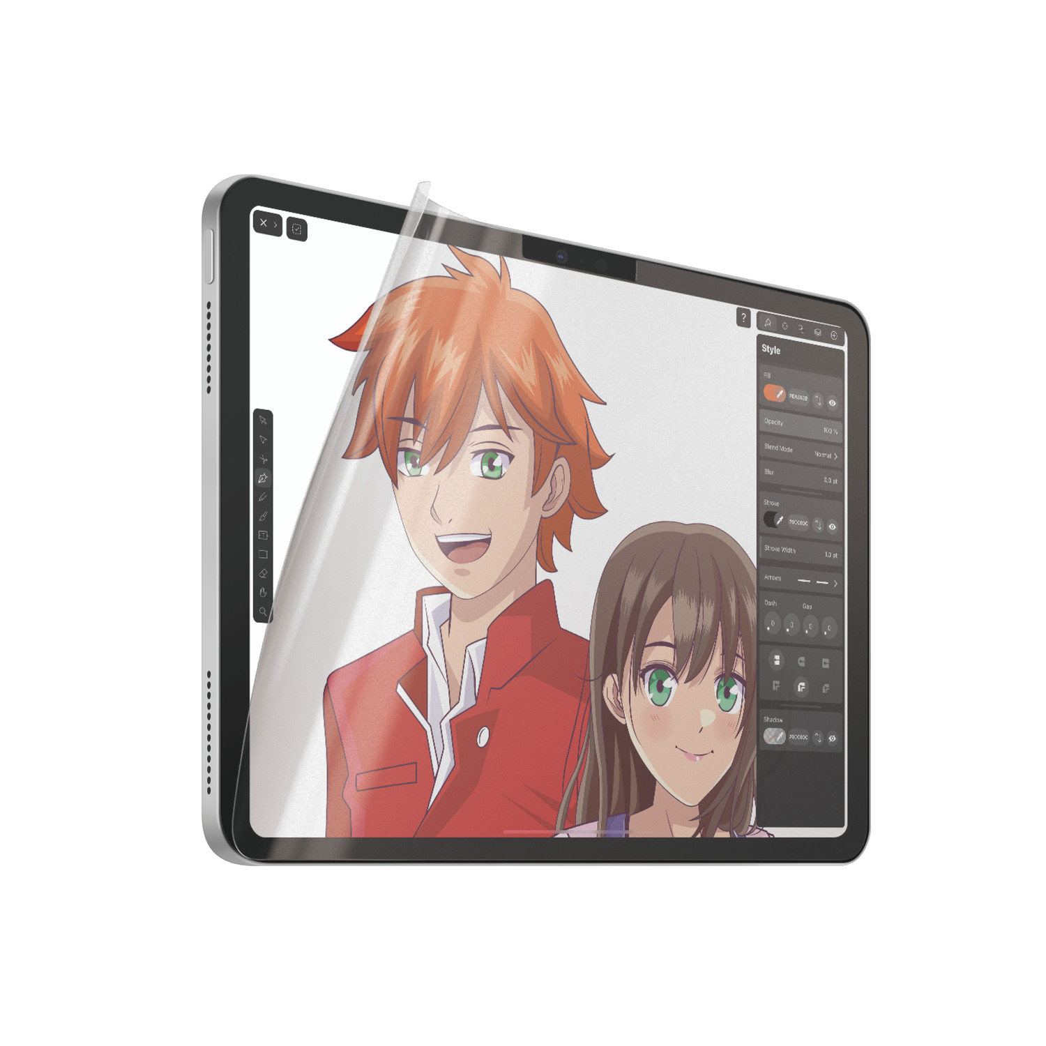 Une tablette affichant un dessin de style anime. Deux personnages sont à l'écran, devant une interface.