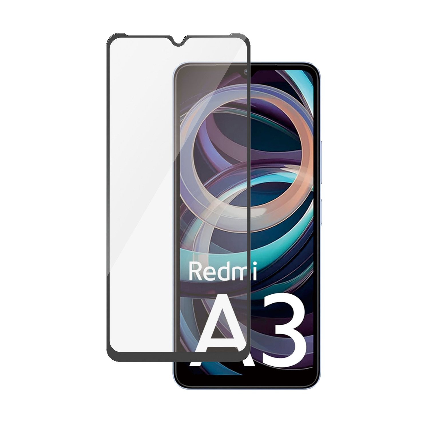 Un smartphone avec un protecteur d'écran. Le téléphone affiche un fond abstrait coloré. Fond noir.