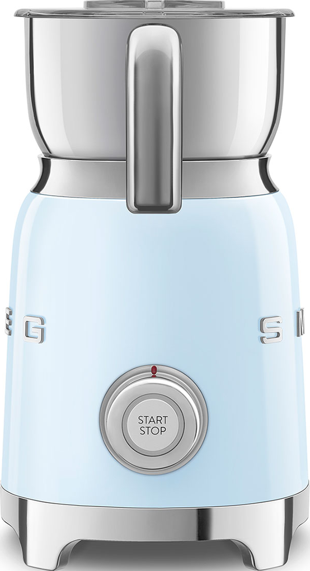 Moulin à café SMEG bleu avec couvercle argenté et bouton marche/arrêt.
