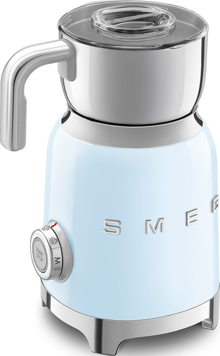 Mousseur à lait SMEG bleu avec couvercle argenté, poignée et sélecteur de température.