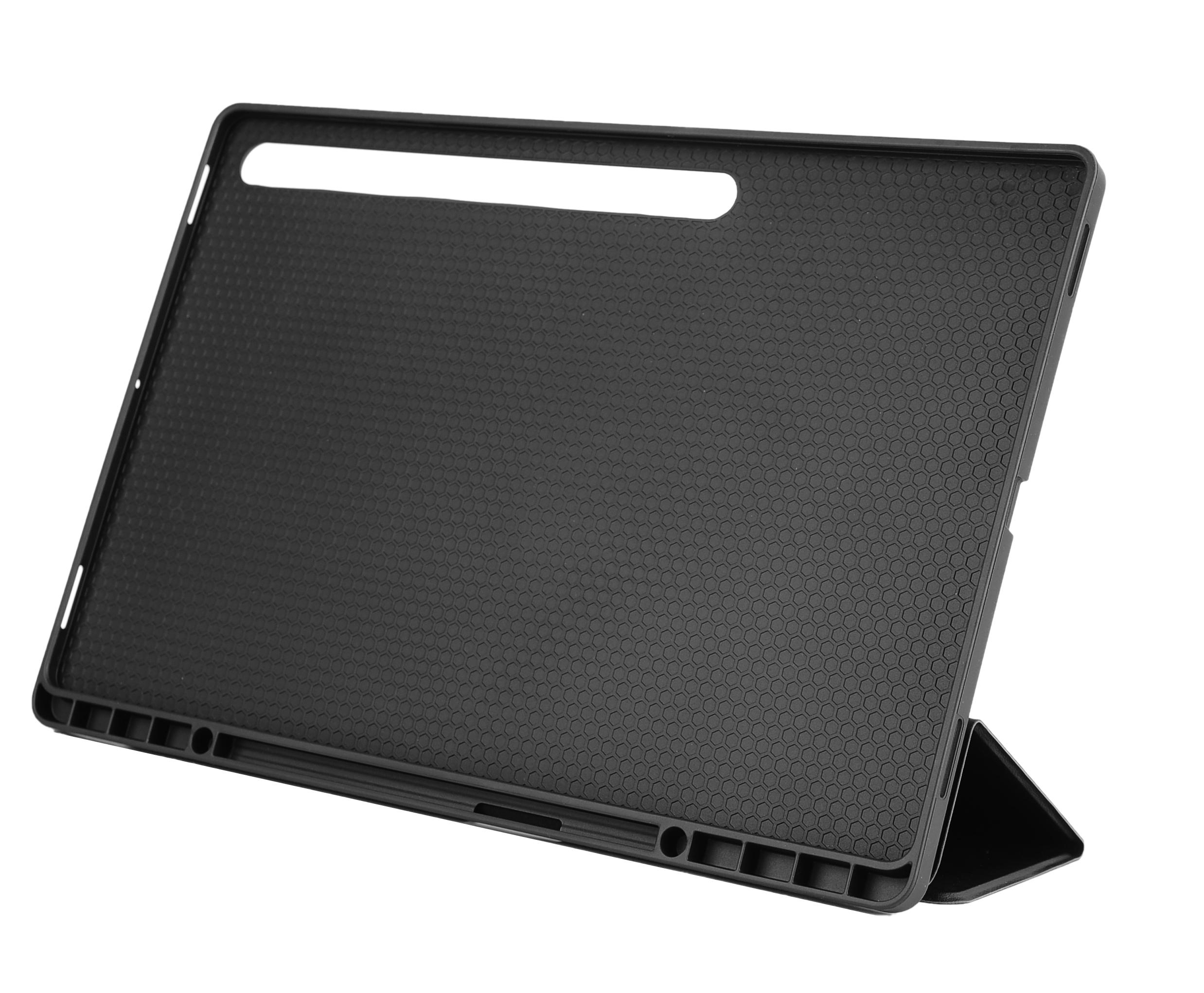 Schwarze Tablethülle mit strukturierter Rückseite und Ständer. Die Hülle ist offen und abgewinkelt.