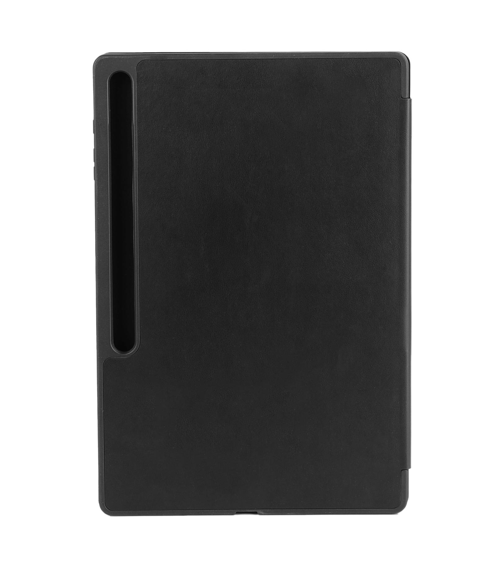 Schwarze Tablet-Hülle mit Stifthalter auf weißem Hintergrund. Die Hülle hat eine rechteckige Form.