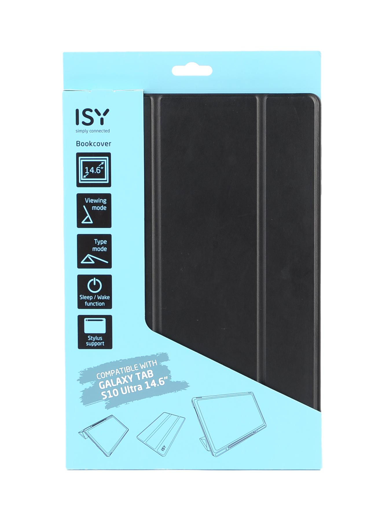 Tablethülle in Verpackung. Text: Bookcover, Sleep/Wake, Stylus-Unterstützung.