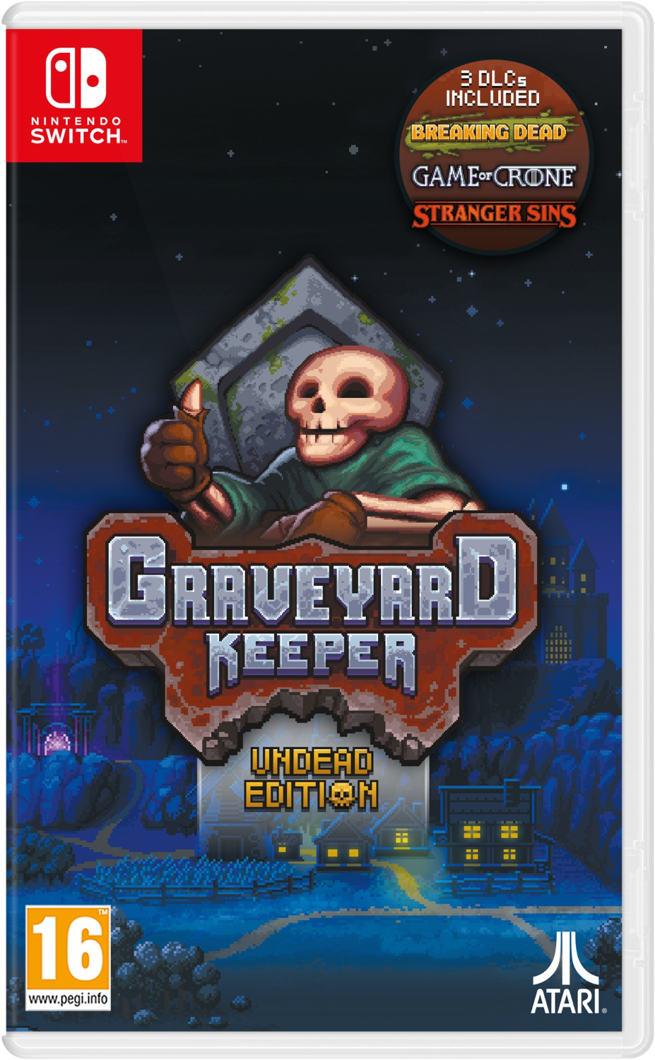 Nintendo Switch game case met skelet, 'Graveyard Keeper' en game titels, witte achtergrond.