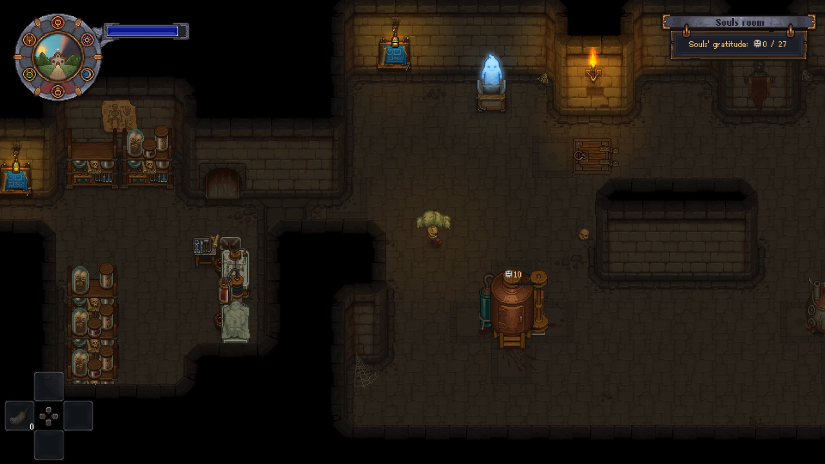Screenshot van een top-down weergave van een spel met een personage in een kerker.
