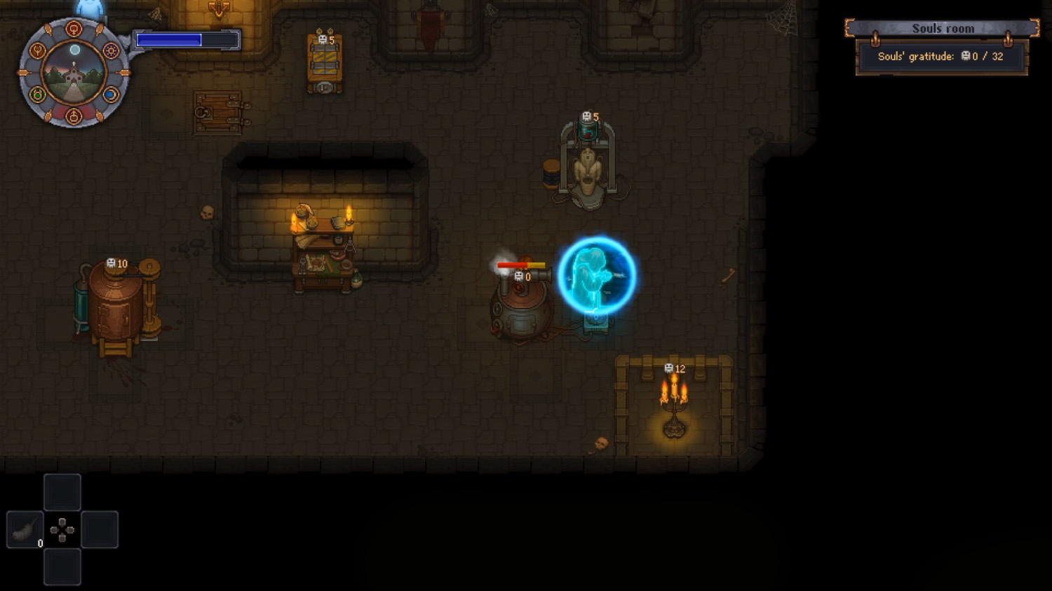 Screenshot van een videogame. Een personage in een kerkerkamer. De achtergrond is donker.
