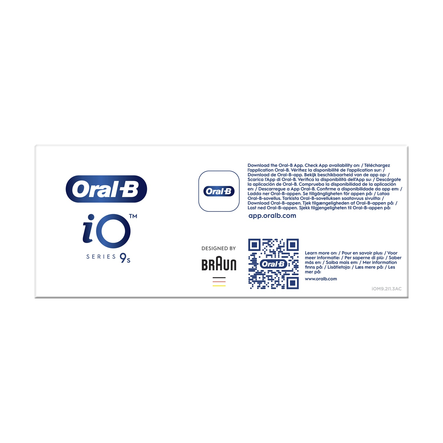 Scheda prodotto Oral-B iO Series 9s. Scheda bianca con logo, codice QR e testo. Bianco.
