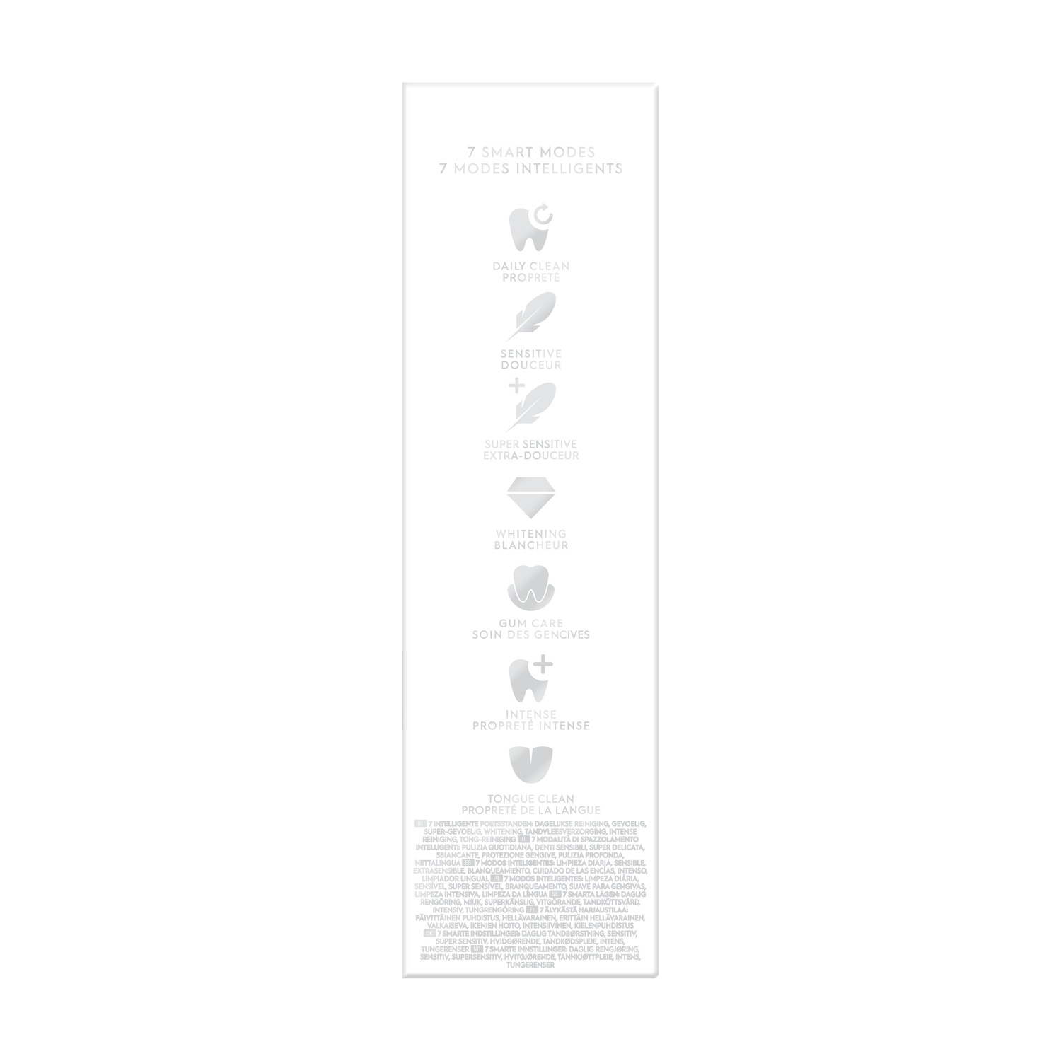 Un packaging di prodotto bianco con testo in varie lingue. Contiene le parole "7 SMART MODES".
