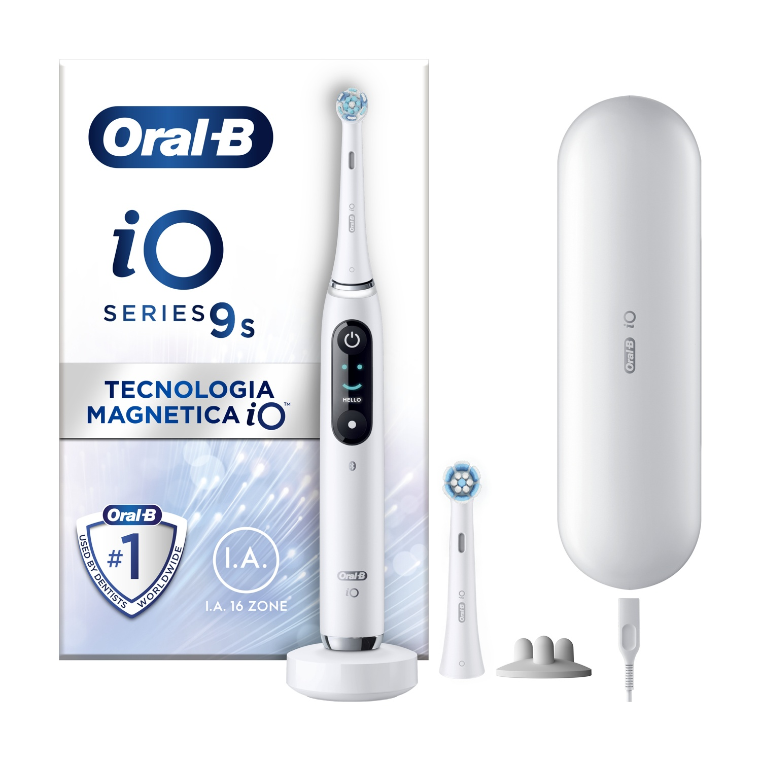 Set spazzolino elettrico Oral-B iO Series 9s bianco. Include caricatore, testine e custodia da viaggio.