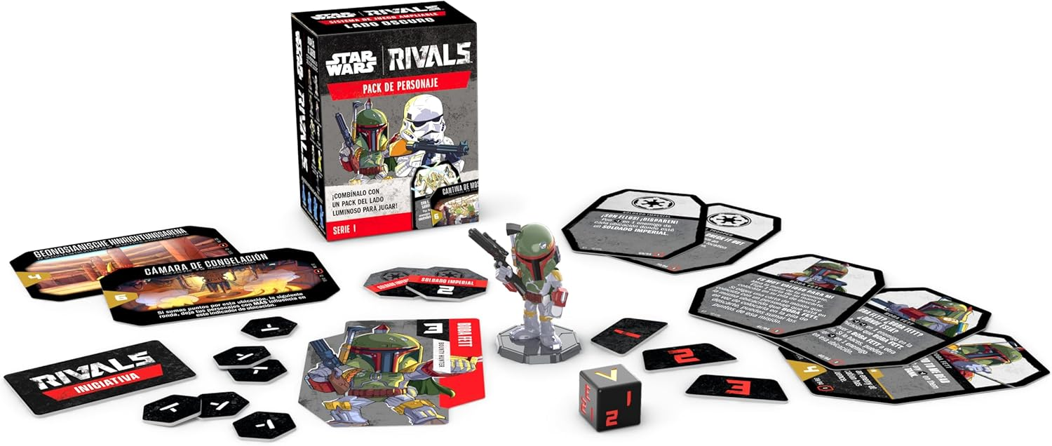 Caja y componentes del juego Star Wars Rivals, incluyendo figura de Boba Fett y cartas.