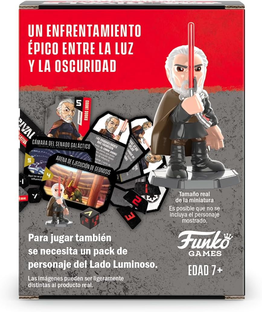 Una caja de juego Funko de Star Wars. Una figura de un hombre con un sable de luz rojo está al frente.