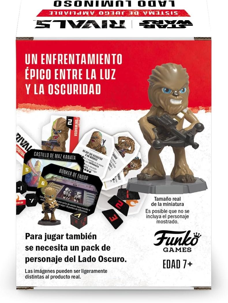 Una caja de juego Funko de Star Wars. Una figura de Chewbacca está al frente.