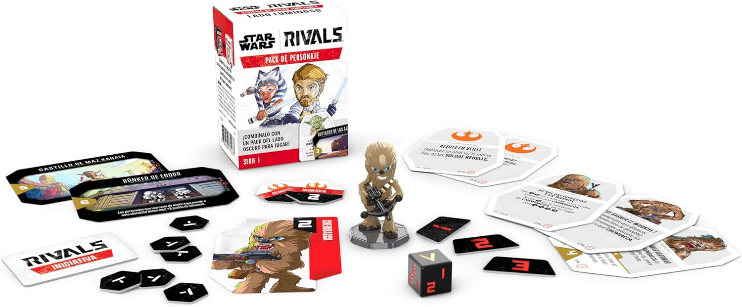 Set de juego Star Wars Rivals. Incluye cartas, dados y una figura de Chewbacca.