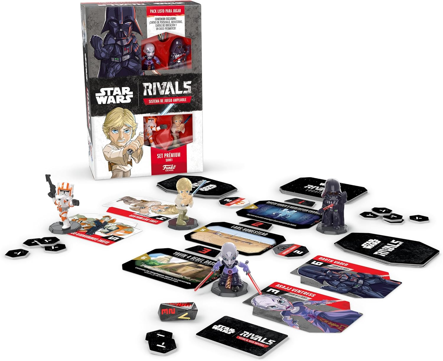 Juego de mesa temático de Star Wars con figuras y cartas, caja en el fondo.