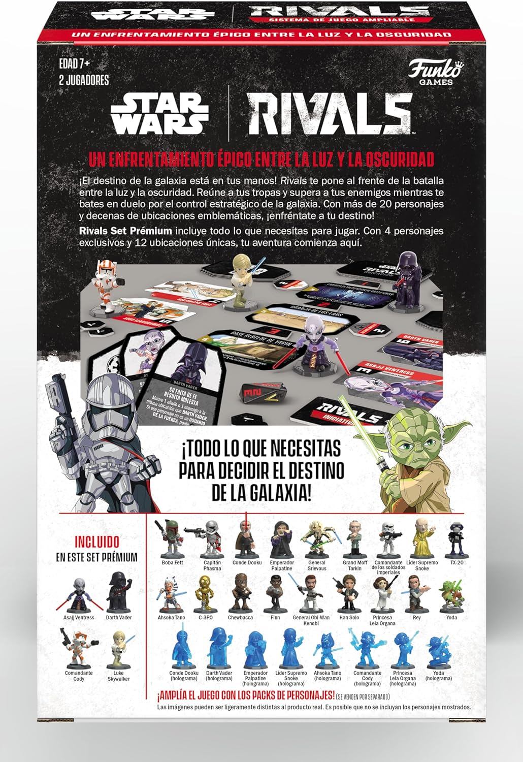 Parte trasera de la caja del juego Star Wars Rivals, mostrando piezas, figuras y texto en español.