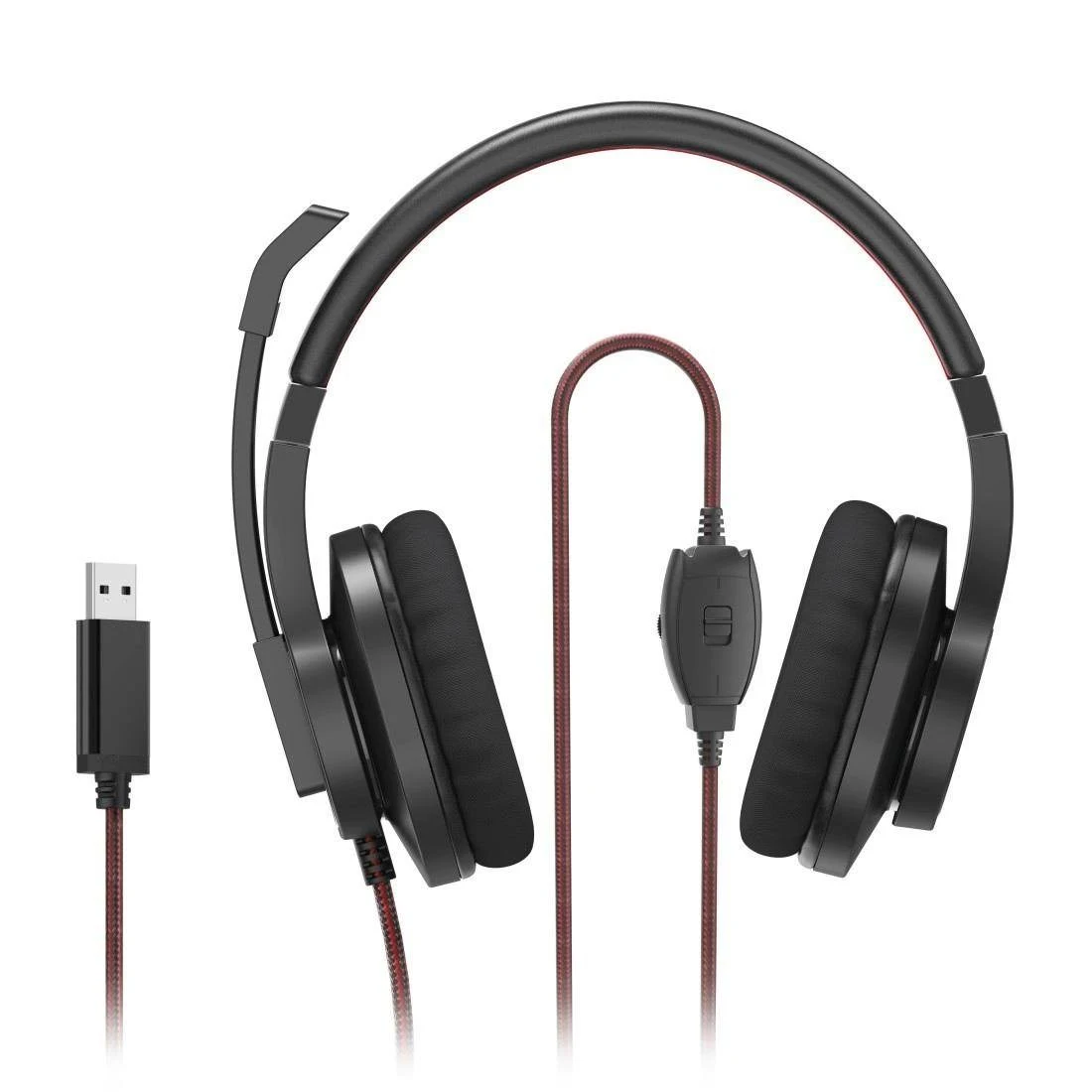 Auriculares USB negros con micrófono y control de volumen.