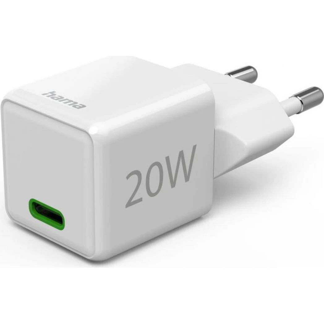 Un cargador Hama blanco de 20W con puerto USB-C y clavijas plateadas.