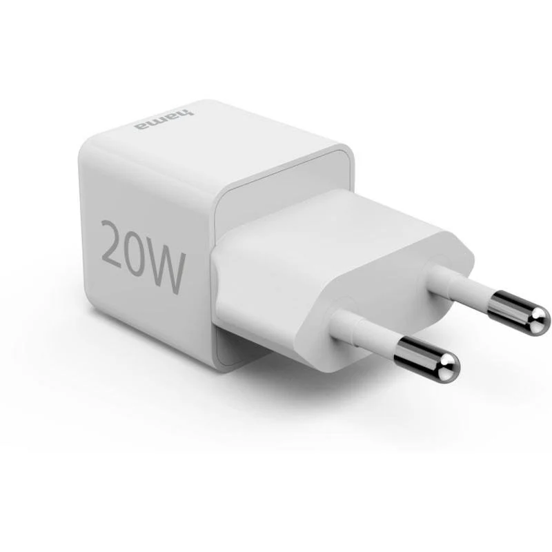 Un adaptador de corriente Hama blanco de 20W con dos clavijas metálicas.