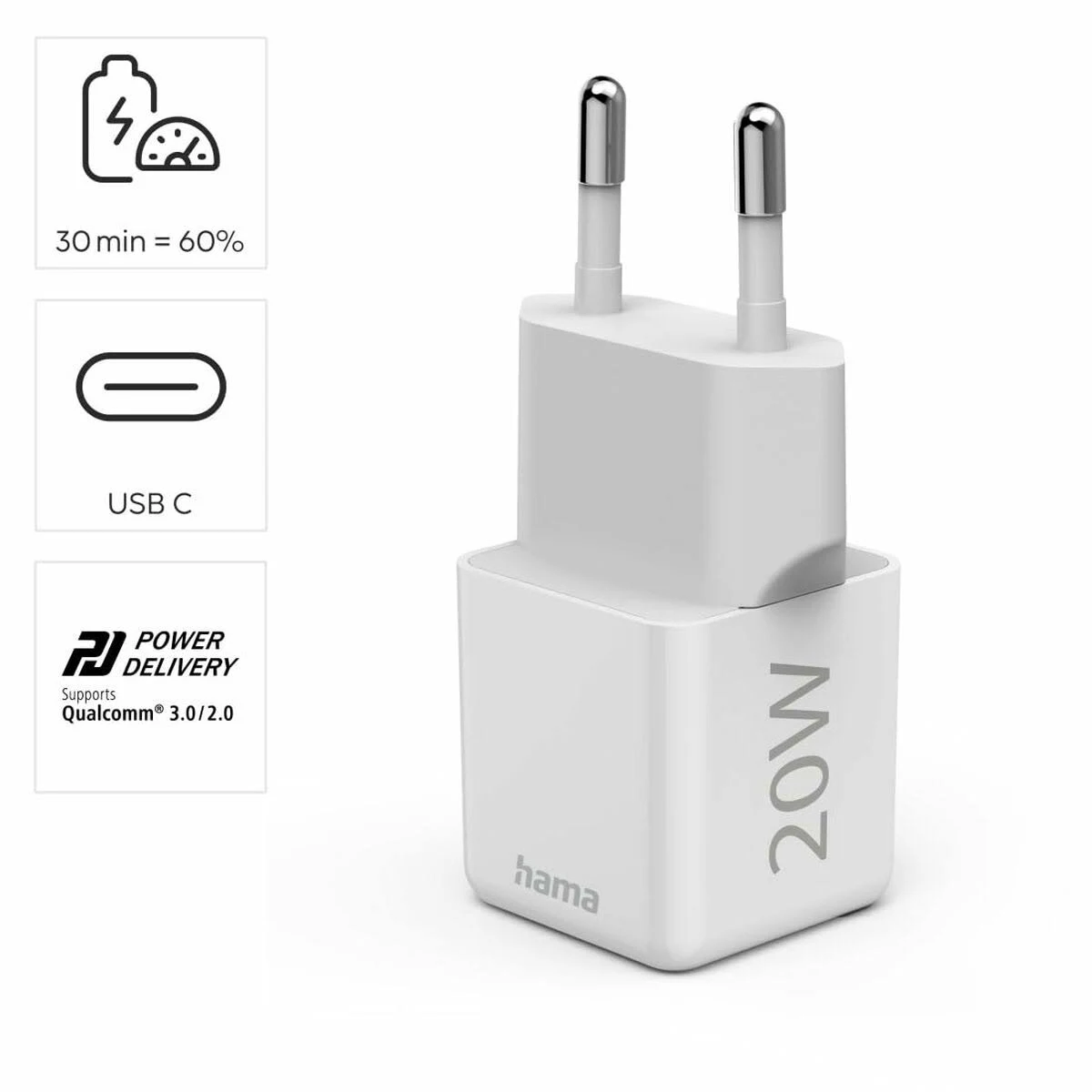 Cargador blanco Hama USB-C PD de 20W con dos clavijas metálicas.