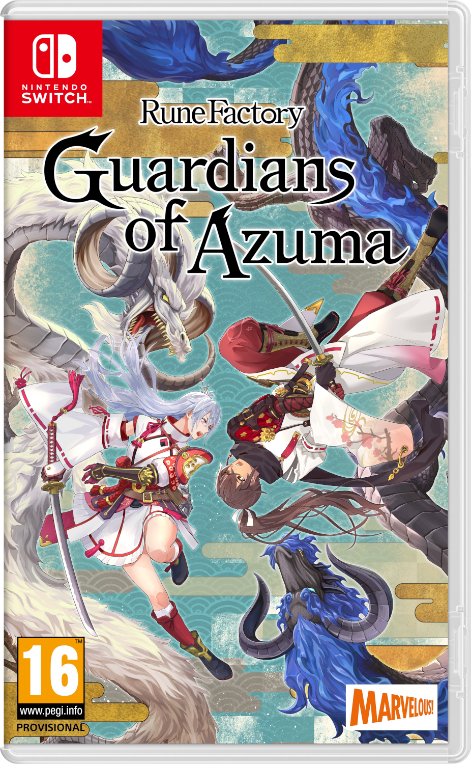 Videogame-hoes. Witte hoes met de titel "Rune Factory Guardians of Azuma" en personages. Zwarte achtergrond.