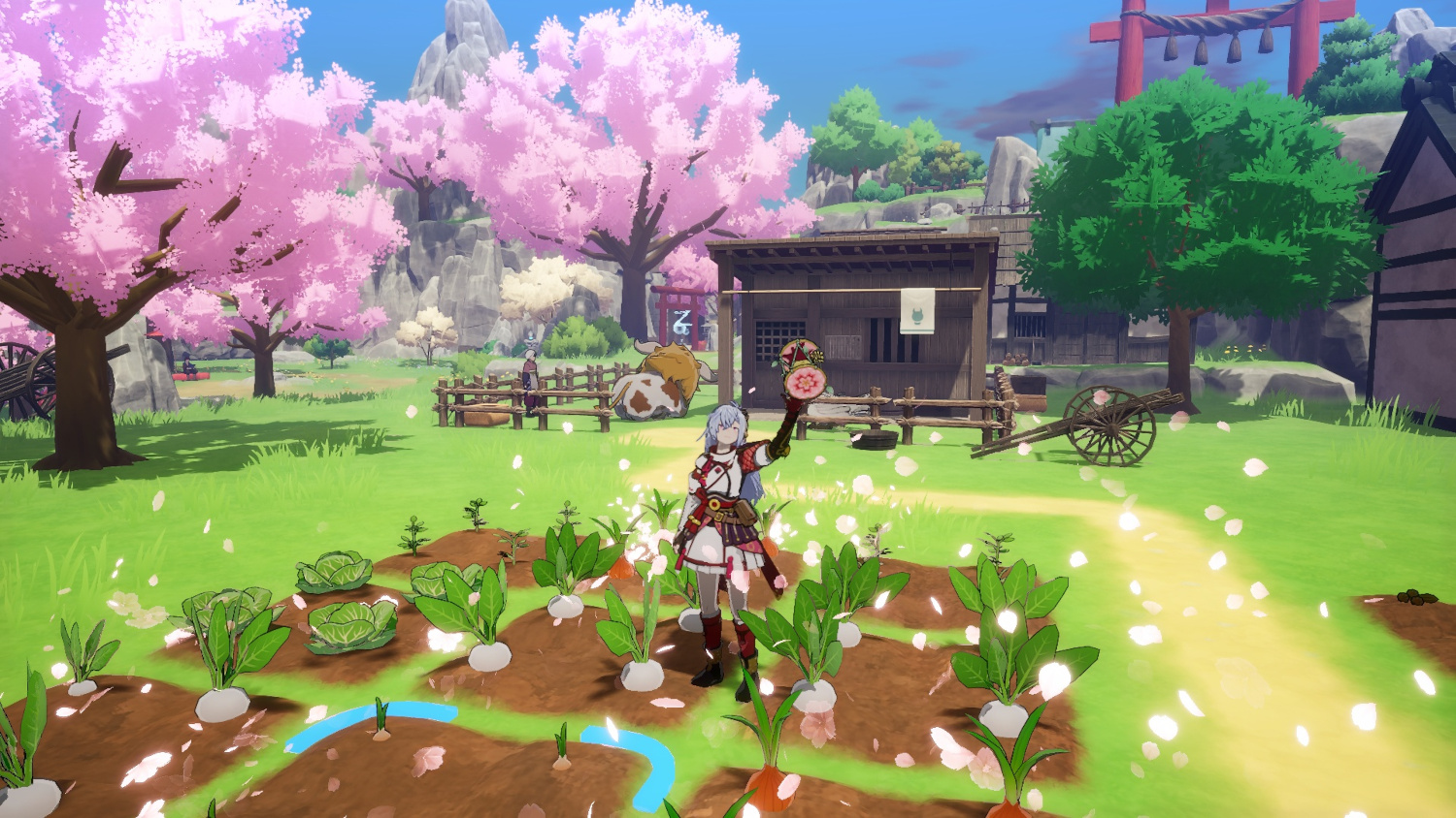 Een 3D-geanimeerde scène uit een videogame. Een personage in een veld met gewassen en kersenbloesembomen.