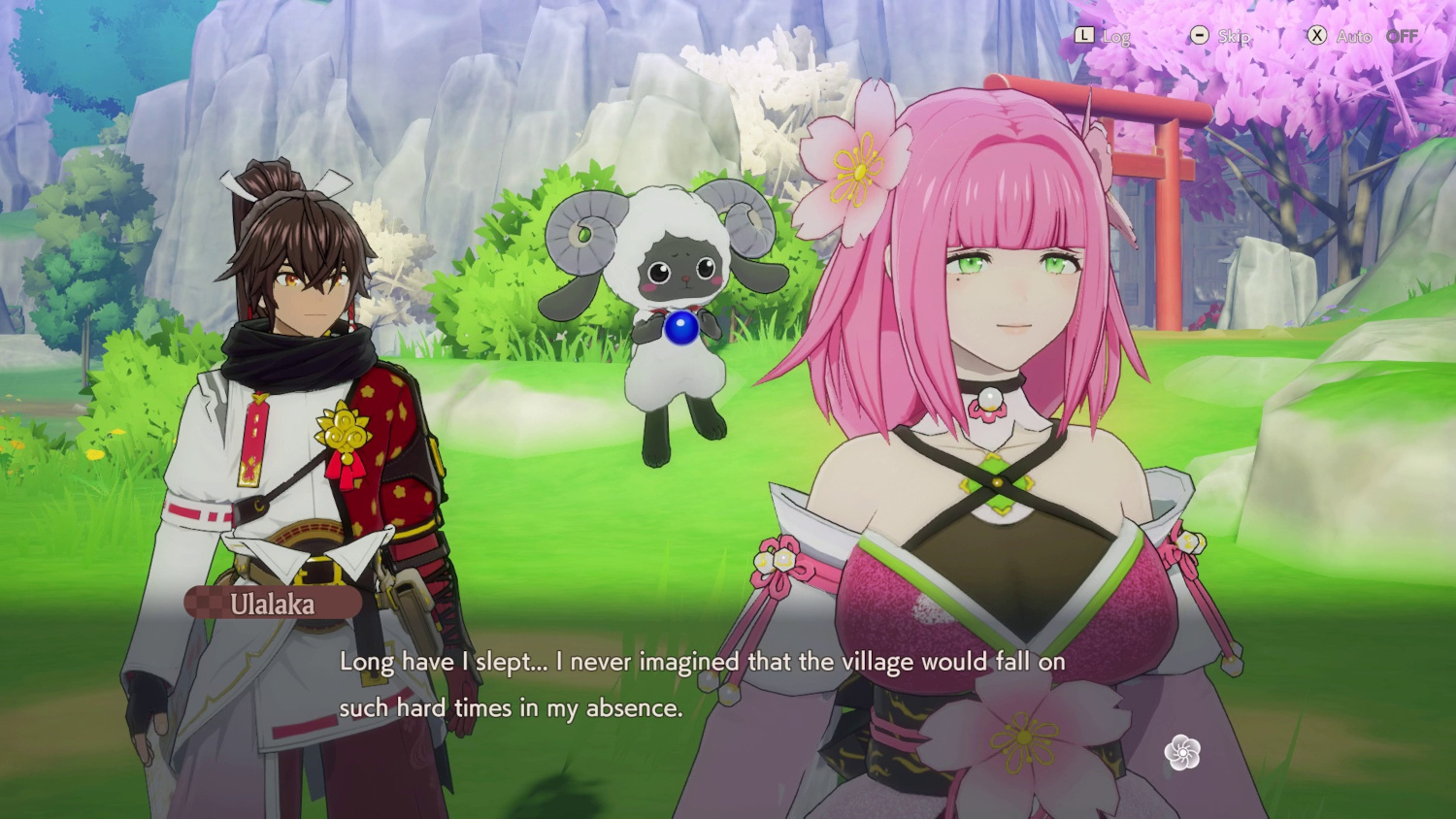 Een game scene met anime karakters. Een meisje met roze haar en een man praten.