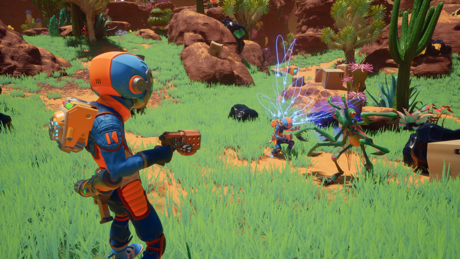 Een personage schiet met een geweer op een wezen. Een ander personage en een groene alien op de achtergrond.