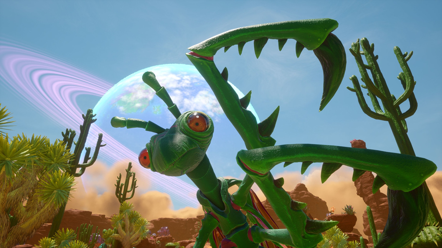 Een grote groene alien met grote ogen en een stekelige mond. Een blauwe planeet op de achtergrond.
