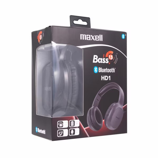 Maxell Bass 13 Bluetooth fejhallgató egy dobozban. A doboz fekete-szürke, átlátszó műanyag ablakkal.