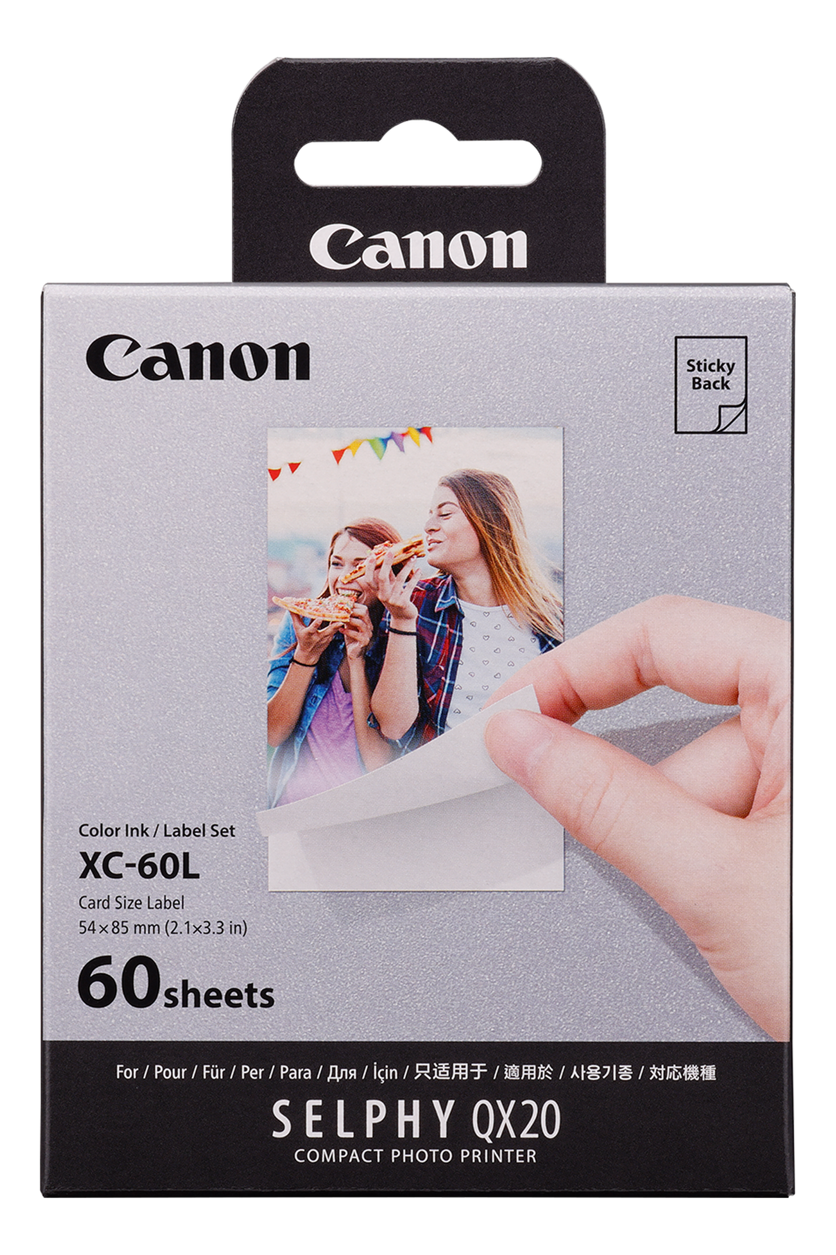 Canon Fotodrucker-Papierbox. Enthält ein Foto von zwei Frauen beim Pizzaspeisen.