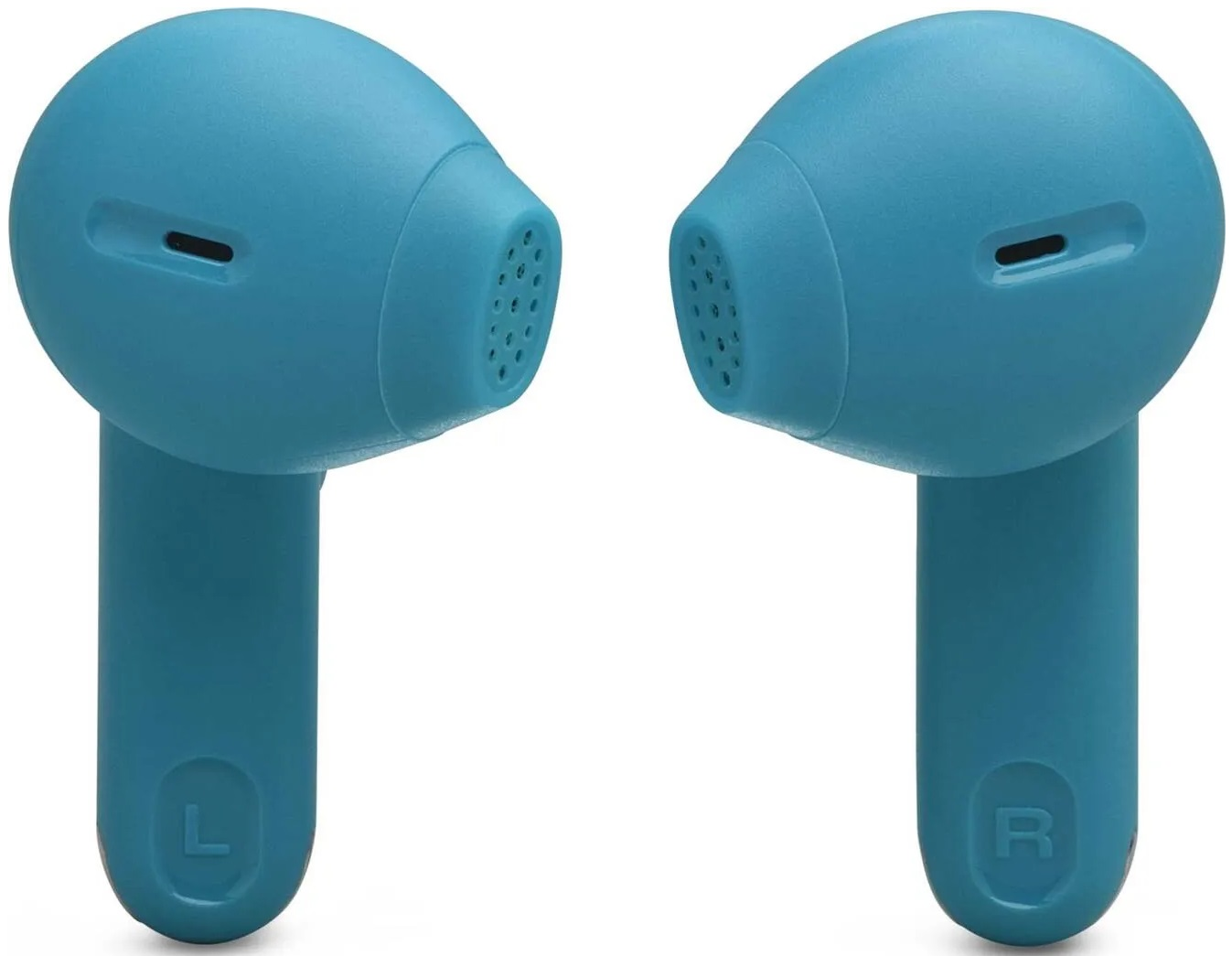Dwa niebieskie bezprzewodowe douszniki, prawy i lewy, z oznaczeniami 'L' i 'R', na białym tle.
