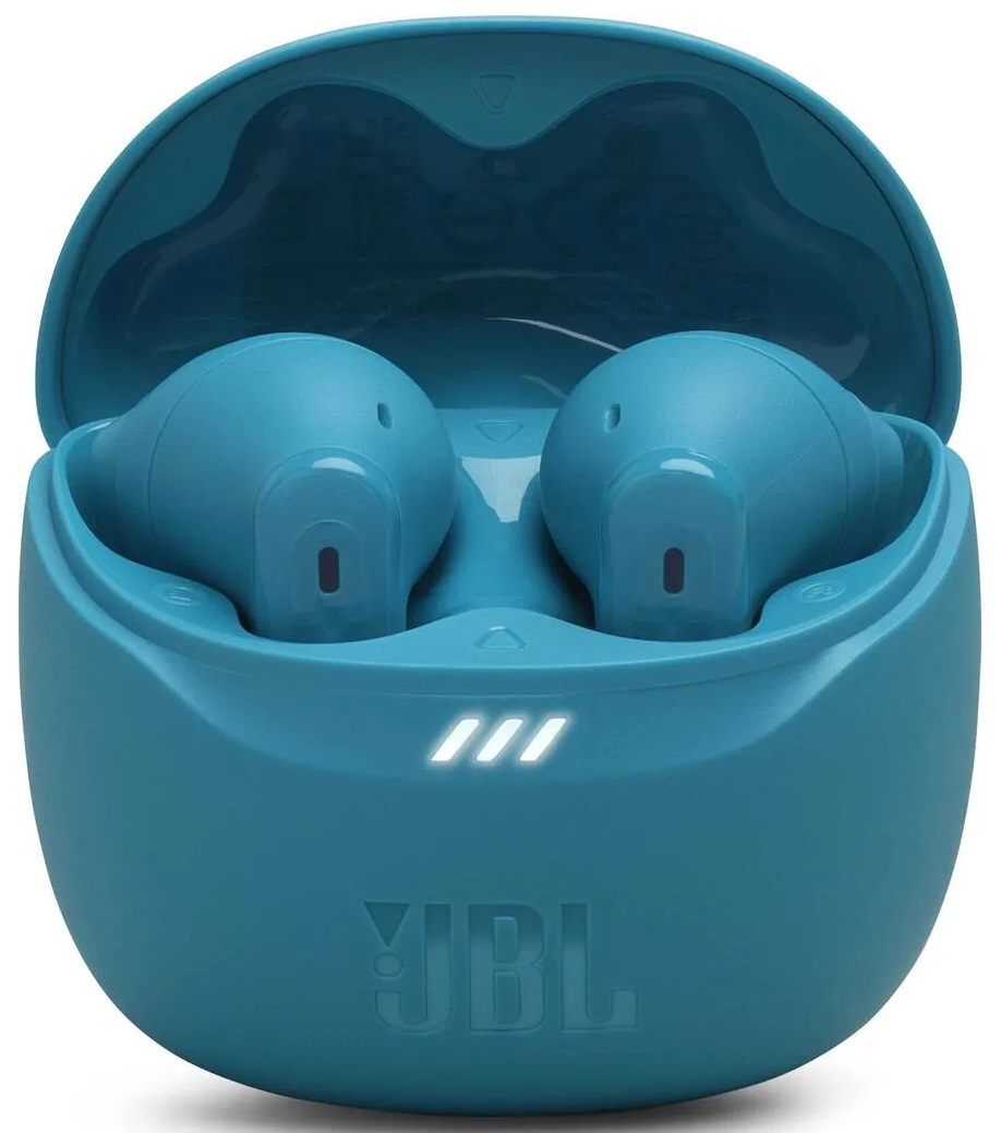 Turkusowe, zaokrąglone słuchawki douszne w etui ładującym. Etui jest otwarte.