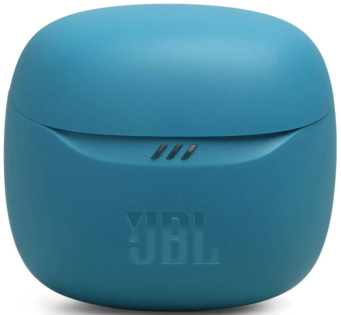 Niebieskie słuchawki JBL w etui ładującym. Etui ma trzy białe paski.