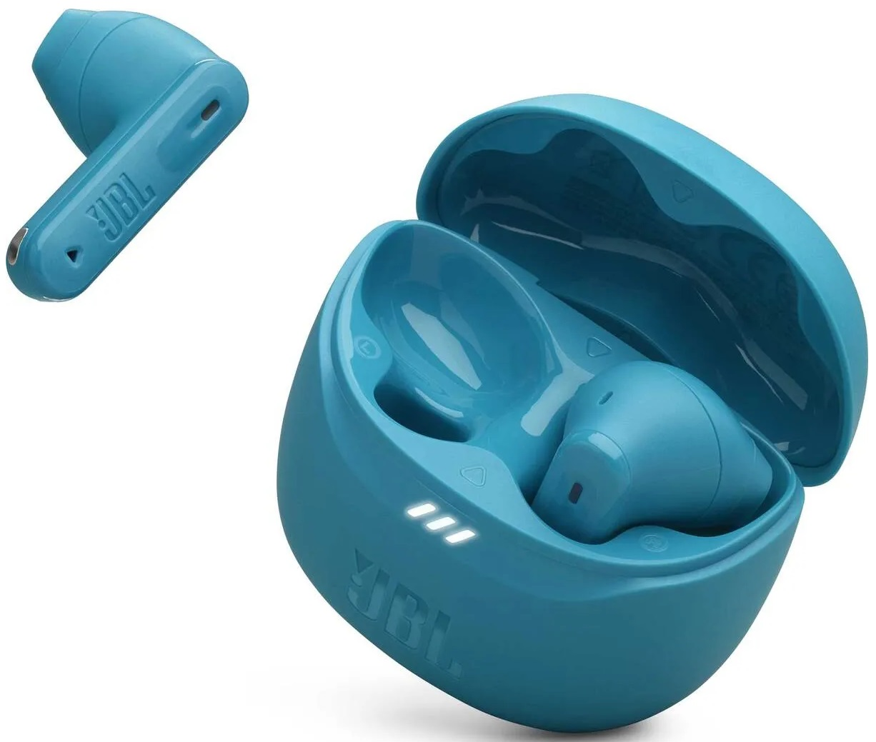 Niebieskie słuchawki i etui ładujące. Jedna słuchawka obok otwartego etui, ukazująca drugą słuchawkę.