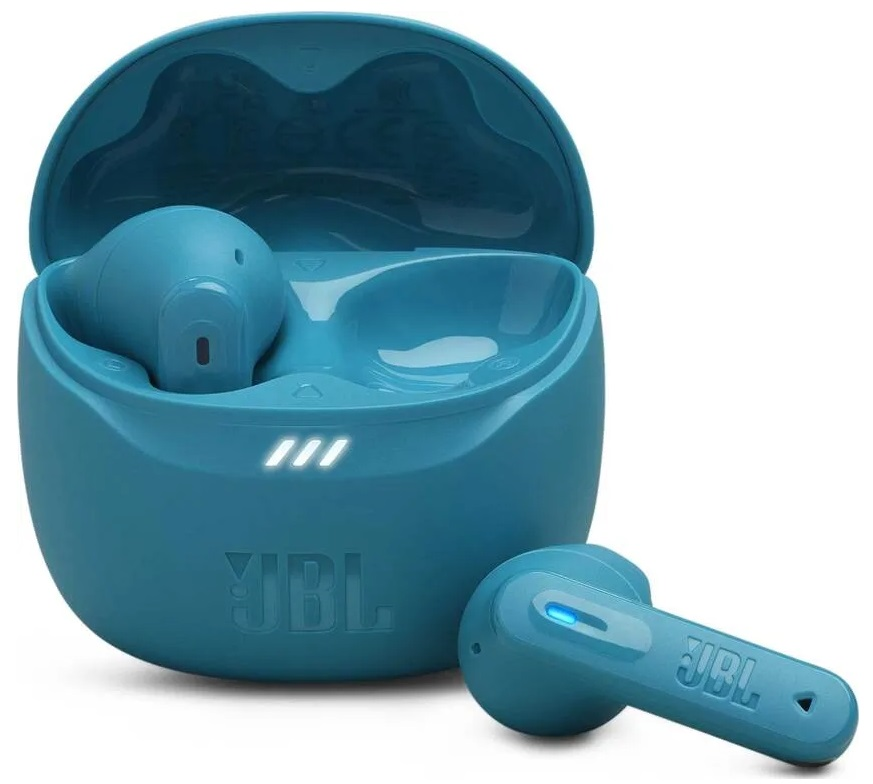 Niebieskie bezprzewodowe słuchawki JBL i etui ładujące. Etui ma trzy białe światła.