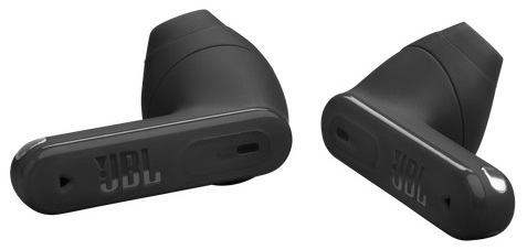 Dwa czarne bezprzewodowe douszniki z logo 'JBL' na łodygach. Białe tło.