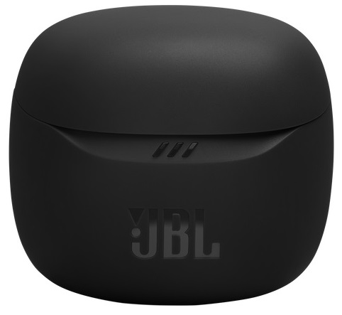 Czarne etui ładujące z logo 'JBL' i trzema lampkami kontrolnymi. Białe tło.