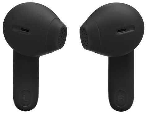 Dwa czarne słuchawki z oznaczeniami L i R. Gładkie białe tło.