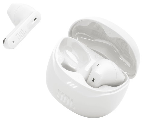 Białe słuchawki i etui ładujące. Jedna słuchawka obok otwartego etui, ukazująca drugą słuchawkę.