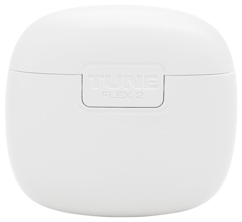 Białe etui ładujące z napisem 'TUNE FLEX 2' na górze. Białe tło.