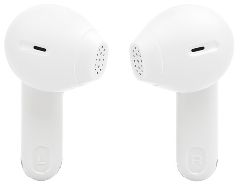 Dwa białe bezprzewodowe douszniki z oznaczeniami 'L' i 'R'. Białe tło.