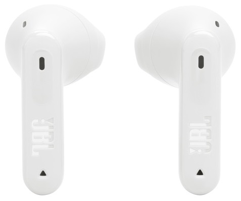 Dwa białe bezprzewodowe douszniki z logo 'JBL' na łodygach. Białe tło.