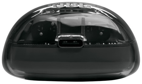 Czarna, przezroczysta podstawa etui ładującego z portem USB-C.