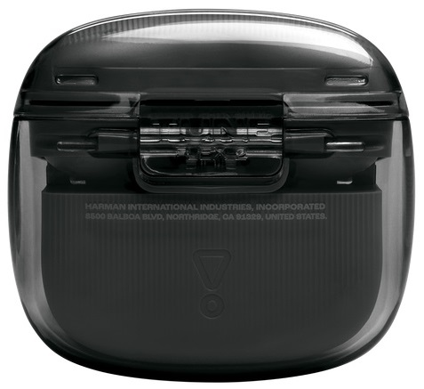 Zamknięte czarne etui ładujące do słuchawek JBL. Logo JBL jest widoczne z przodu.