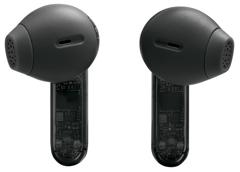 Dwa czarne słuchawki JBL. Każdy ma przezroczysty trzpień i jest kątowy do umieszczenia w uchu.