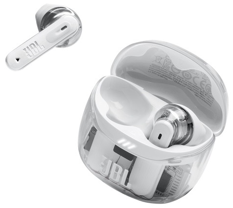 Białe słuchawki JBL z przezroczystym etui, widok z boku.