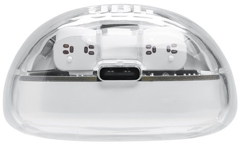 Przezroczyste etui ładujące słuchawek JBL, widoczne elementy wewnętrzne, port USB-C.