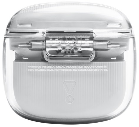 Białe etui ładujące słuchawek. Jest przezroczyste, pokazując słuchawki w środku. Tekst Harman Industries.