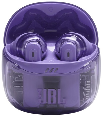 Fioletowe słuchawki JBL w przezroczystym fioletowym etui ładującym, otwarte. Słuchawki są widoczne.