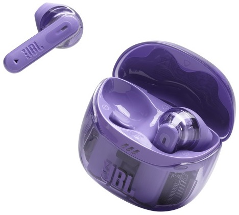 Fioletowe słuchawki JBL i etui, z jednym oddzielnym pączkiem, na białym tle.